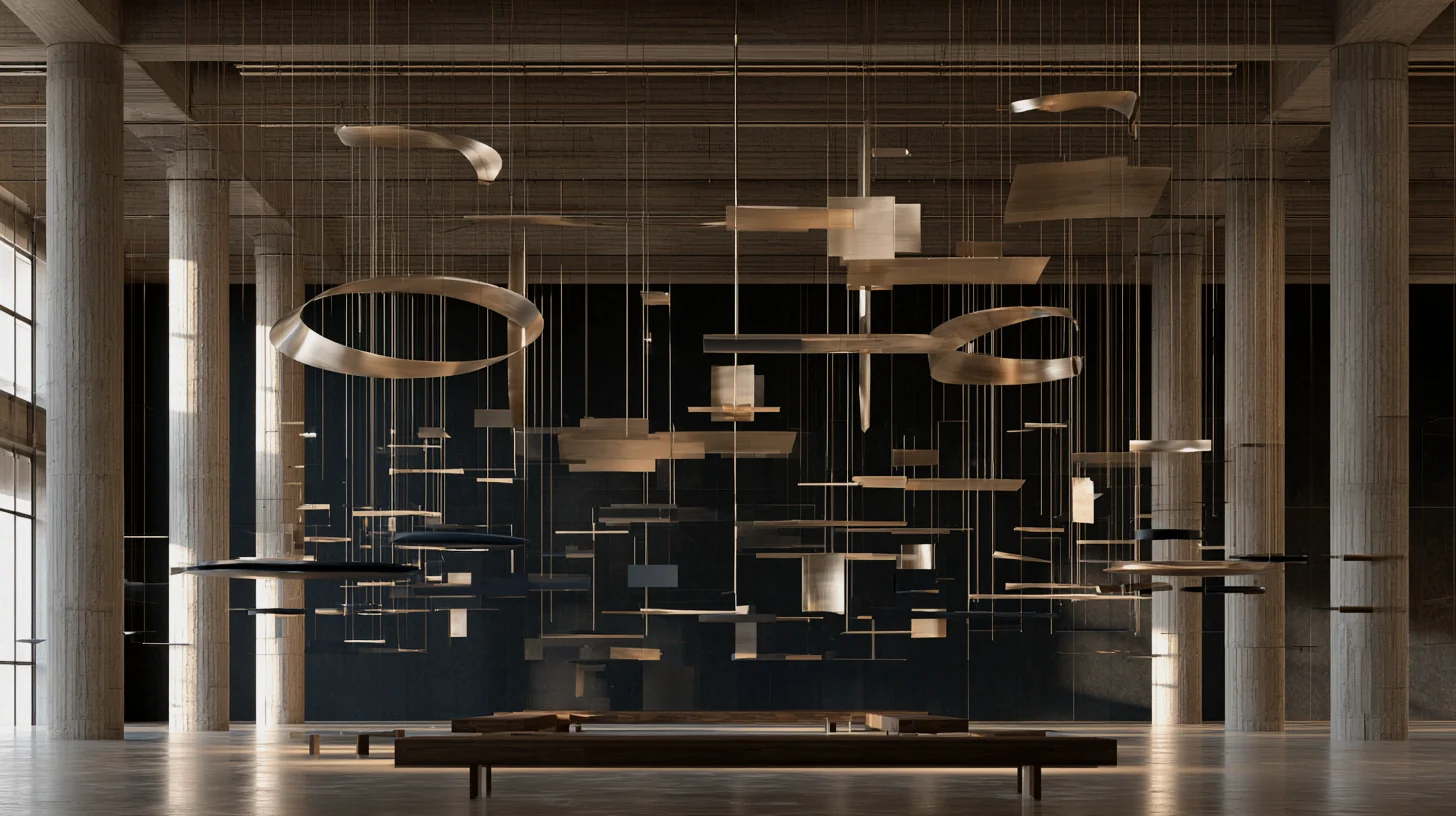 Suspended champagne-metal sculptural elements forming an interconnected structure in a dark architectural gallery